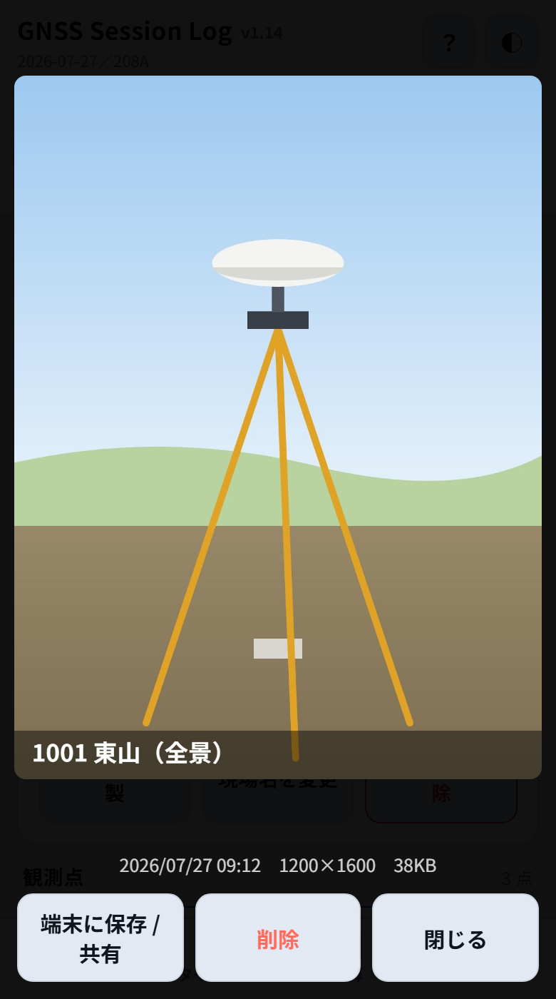 写真の拡大表示。下に端末に保存・共有、削除、閉じるのボタン